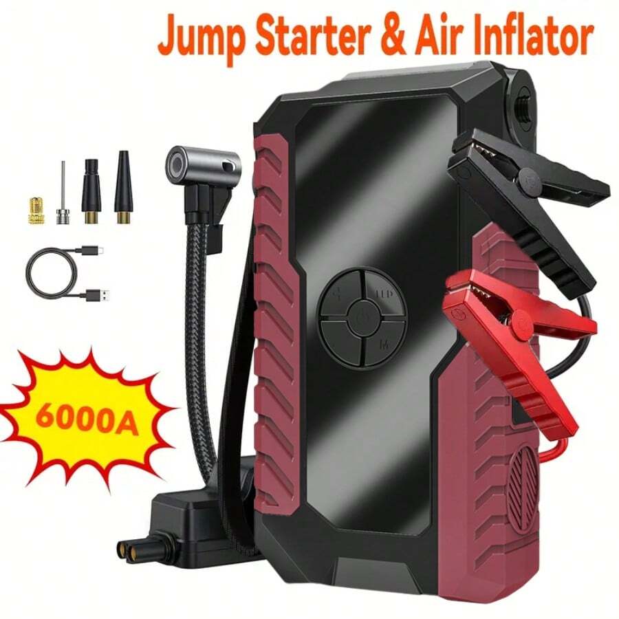 New Model Starter With Air Compressor, Portable Battery Starter 6000A Peak 150PSI Digital Tire Inflator, Portable 12V Car Battery Charger (2.64 Gallons Of Gasoline / 2.11 Gallons Of ) Quick Start Car With USB Charging Port And LED Emergency Light, Car Accessories Tools 6000A & 3000A Available Christmas - Igniter and air pump - red and black - 查看 1