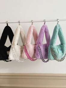 纯色毛绒单肩包，链条装饰，时尚风格 - 彩色 - 查看 7