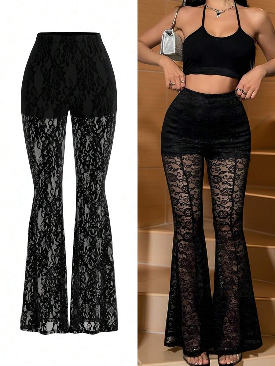Pantalones Acampanados De Malla Transparente con Encaje Floral para Mujer, Pantalones Largos De Cintura Alta Elásticos - Negro - Ver 1