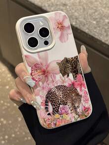 Fierce Animals 1pc Cute Vintage Floral & Leopard Print Textured Soft Protective Phone Case, Shockproof & Anti-Slip, Compatible With Apple, Phones