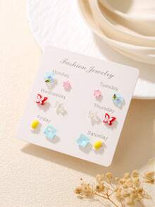 6/7 Pares de Brincos Conjunto Colorido de Borboleta, Coração, Flor, Nuvem, Melancia, Cereja, Pentagrama, Geométrico, Adequado para Amigos, Uso Diário