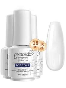 2瓶18毫升免擦洗凝胶底油和面油套装，光泽持久，适用于家庭美甲沙龙DIY，需配合UV/LED灯使用。1/2/3瓶装，包含免擦洗底油、哑光面油和面油。