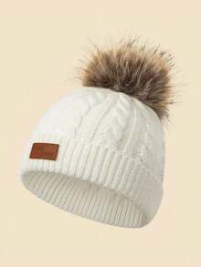 1pc Solid Color Baby Pom Pom Knit Hat With FAS JEANSPU Label, Cable Knit Design, Suitable For Autumn/Winter Daily Warmth And Cold Protection - 1PC - View 9