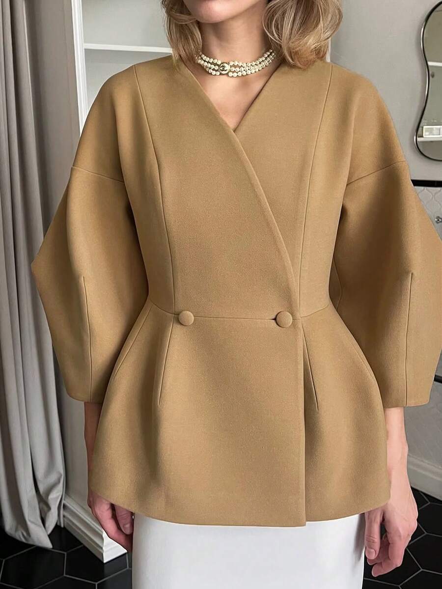 女士优雅驼色羊毛混纺大衣，纯色梭织面料，休闲、晚宴、办公场合皆宜。 - 卡其色 - 查看 1