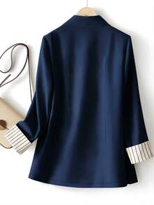 Women's Cuff Striped Patchwork One Button Regular Blazer - Navy Blue - View 2