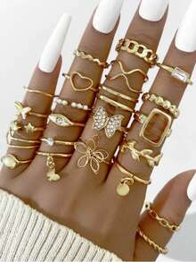 22/23Pcs/Lot Cute Exquisite Girls Boys Rings Heart Butterfly Geometric Shape Style Birthday Party Gifts For Friends Daily Wearing Jewelry Accessories