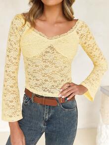 GAOVOT Women's Fall Top Y2K Sexy Slim One Line Shoulder Long Sleeve Lace Top