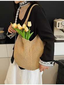 Large Capacity Crochet One Shoulder Tote Bag - Lightweight, Multifunctional Knitted Handbag, Beige, Pink, Brown, Black, Suitable For Travel, Beach, Vacation And Daily Use, Large Tote Bag