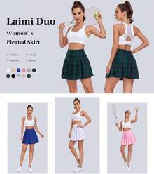 Women Pleated Skirt Tennis Golf Skorts With Lining Shorts Athletic Pleated Skirts For Women - 藍色格子 - 查看 9