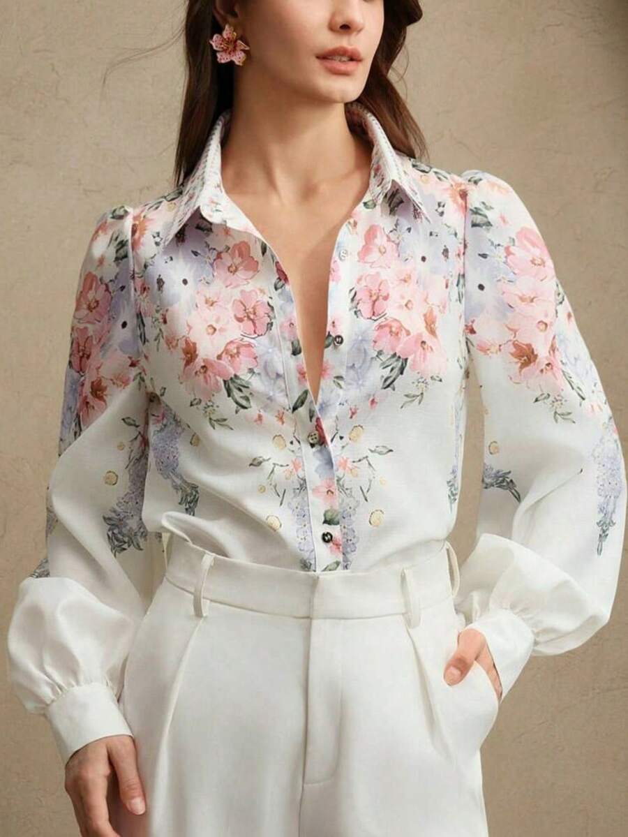 Camisa de manga larga con botones y estampado floral elegante para mujer
