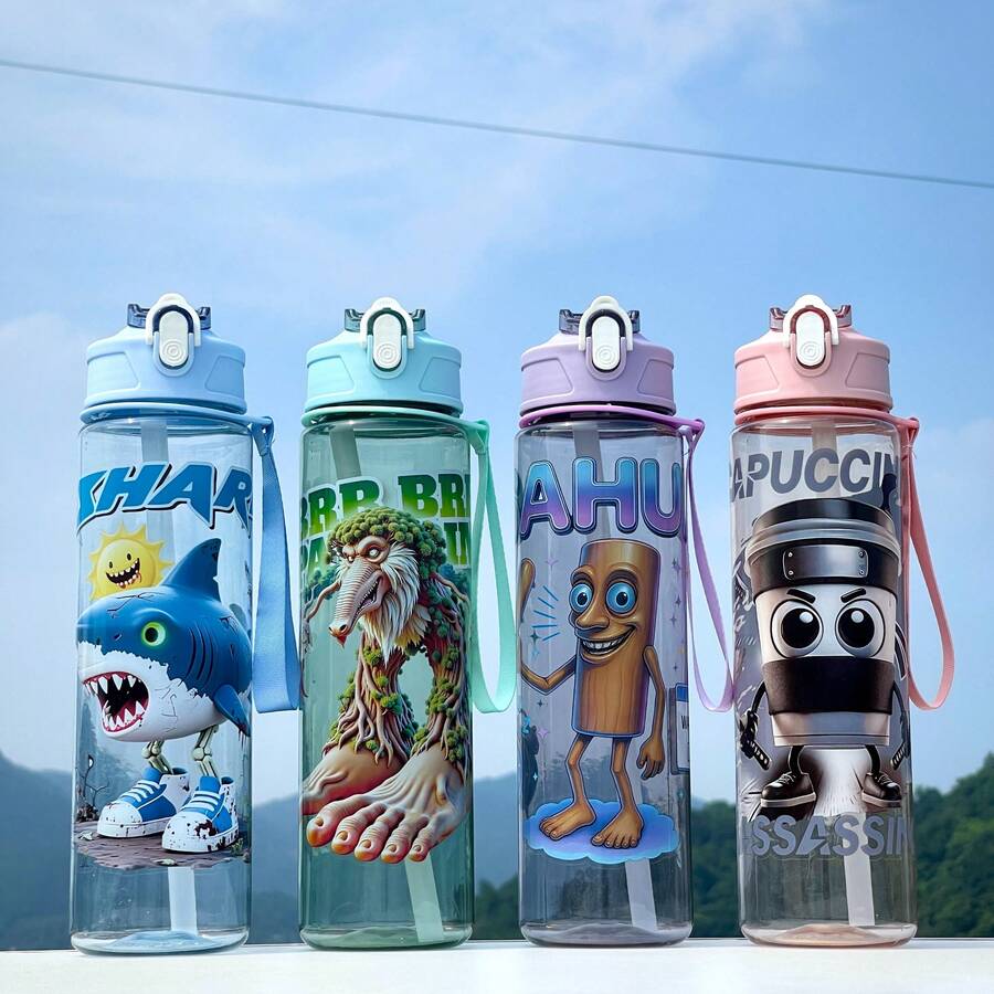 1 Stück klassische Shanhaijing Cartoon Wasserflasche mit Strohhalm, großes Fassungsvermögen 800ml, perfektes Geschenk für Studenten, Outdoor-Sport, Schule