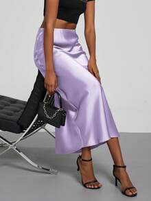 Se-Helo Fashion Dam Maxikjol med Elastisk Satinkänsla - Lavendel - Taro Lila - Visa 3