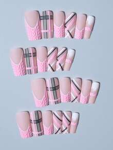 24片装粉色法式长方形亚克力美甲贴纸套装，包含1瓶果冻胶和1把指甲锉，适合女性和女孩美甲装饰用品 - 彩色 - 查看 3