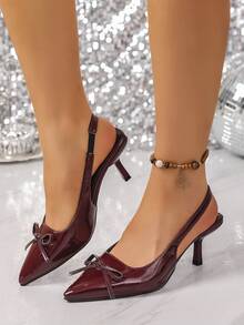 Sapato Mule de Salto Fino com Decoração em Laço, Estilo Francês de Bico Fechado Slip-On para Mulheres Plus Size