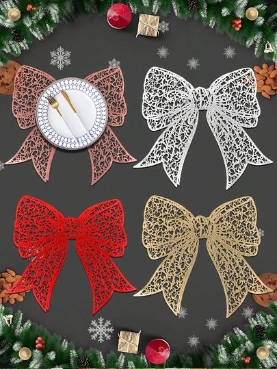 1/4/6 piezas Manteles individuales con lazo navideño de PVC con lámina de oro, decoración de hotel y restaurante navideño, manteles aislantes del calor, adecuados para bodas, fiestas, San Valentín, celebraciones festivas, picnics, decoración de mesas de banquetes de cumpleaños