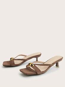 Sandalias de tacón alto con puntera cuadrada y decoración metálica, estilo casual de mulas para uso al aire libre, nueva moda elegante para mujeres 2025 - Marrón - Ver 3