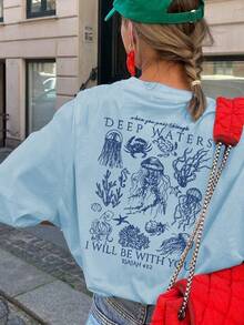 Áo thun nữ mùa hè mới, đơn giản, dễ thương, in hình sinh vật biển, kiểu dáng thoải mái, cổ tròn, tay ngắn, màu trắng, thích hợp mặc hàng ngày khi đi nghỉ mát. Áo thun in hình màu hồng dành cho nữ. - Màu xanh nhạt - Xem 7