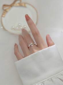 1 件方晶锆石蝴蝶结戒指，时尚奢华优雅甜美可爱风格小众设计可调节开口戒指，适合日常佩戴、派对、活动 - 銀色 - 查看 8