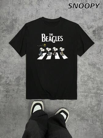 The Beagles  Crossed The Zebra Crossing  Men's Short Sleeves Loose Casual Cartoon Print Age-Reducing Top