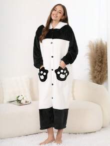Pijama con capucha de felpa coral con decoración de orejas de panda para mujer, bata gruesa y cálida para otoño/invierno, esponjosa y acogedora - Blanco y Negro - Ver 4