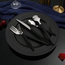 48-Piece Luxury Flatware Set For 8 - 8 Dinner Forks, 8 Knives, 8 Spoons, 16 Teaspoons & 8 Salad Forks - Premium 430 Stainless Steel With Black PP Handles - Dishwasher Modern Cutlery Set