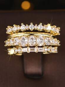 4pcs/Set Minimalist Style Stacking Rings 14k Gold Plated Paved Shining Zirconia Engagement / Wedding Ring Evening Party Decor Luxury Jewelry - Gold - View 3