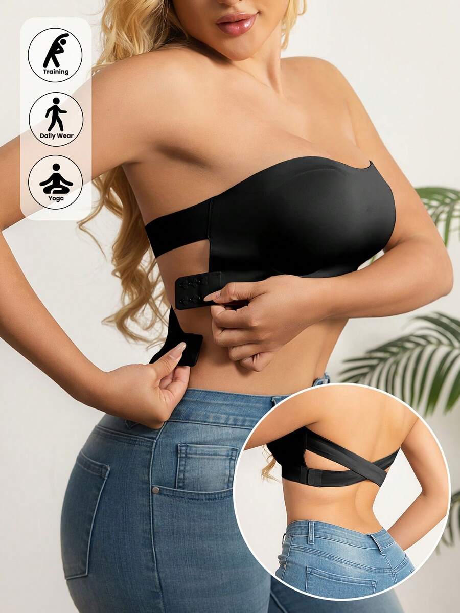 Women's Strapless Wireless Push-Up Camisole Bra With Removable Pads And Side Clasps - Seamless Comfort, No Wires, Solid Colors, Elegant Design, Perfect For Everyday And Special Occasions, Strapless Underwear, Comfortable Push-Up Effect, Premium Underwear - 黑色+駝色 - 查看 1