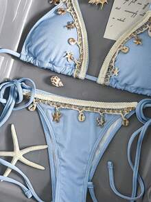 Bikinx Women's Solid Color Satin Ribbon & Shell Decor Triangle Cup Tie Bikini Set, Suitable For Summer Beach Vacation - Baby Blue - View 4