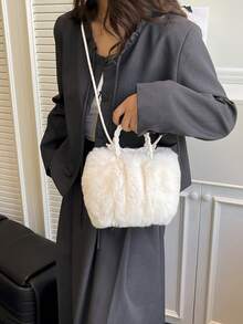 女士毛绒小水桶包，时尚简约手提包，毛茸茸休闲托特包，百搭可爱女士包，配有编织肩带和抽绳，新款女士皮草包 - 彩色 - 查看 7