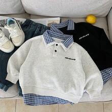 (Order One Size Down) 2025 Autumn New Young Boy Casual 2 In 1 Dual Collar Fashionable Personalized Pullover Sweatshirt, Versatile - Grey - View 7