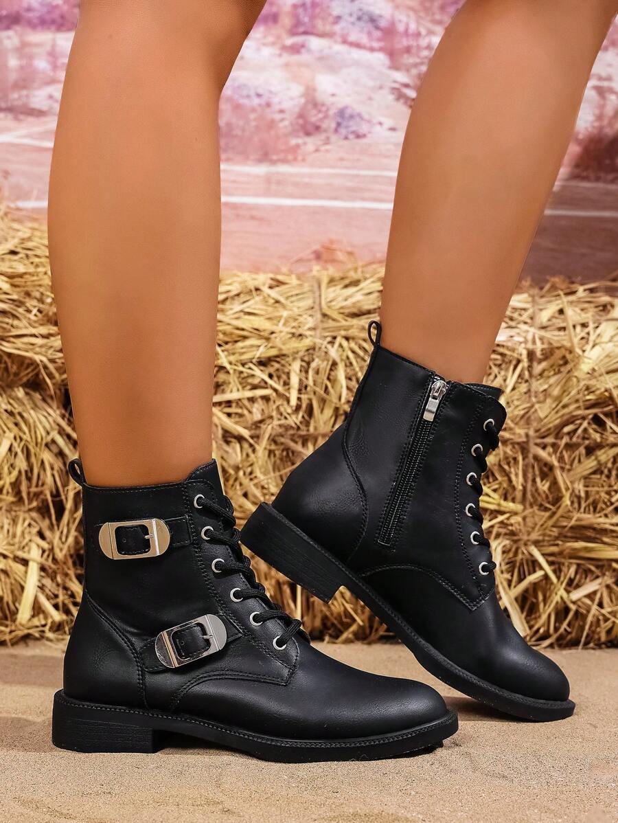 Women's Side Zipper Lace-Up Double Buckle Decor Boots, Solid Color Chunky Heel Short Boots, Preppy Style Side Zipper, Suitable For Autumn/Winter