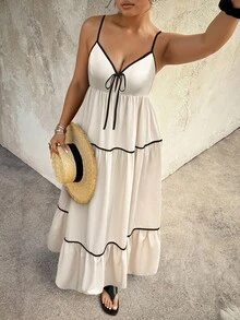 大码女式撞色喇叭下摆吊带度假连衣裙，优雅夏季款 - 杏色 - 查看 2