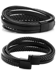 Xiacheng 1/6 件男士编织皮革手链 - 手工牛皮腕带，波西米亚风格合金扣，送给丈夫/男朋友的礼物（黑色） - 黑色 - 查看 4