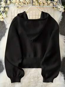 休闲纯色长袖连帽针织开衫 黑色 - 黑色 - 查看 2