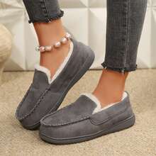 Women Warm Lined Slippers Loafers Casual Slip On Shoes Walking - 灰色 - 查看 7