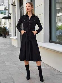 Women's Solid Color Long Sleeve Single-Breasted Pocket Casual Shirt Dress - Black - View 1