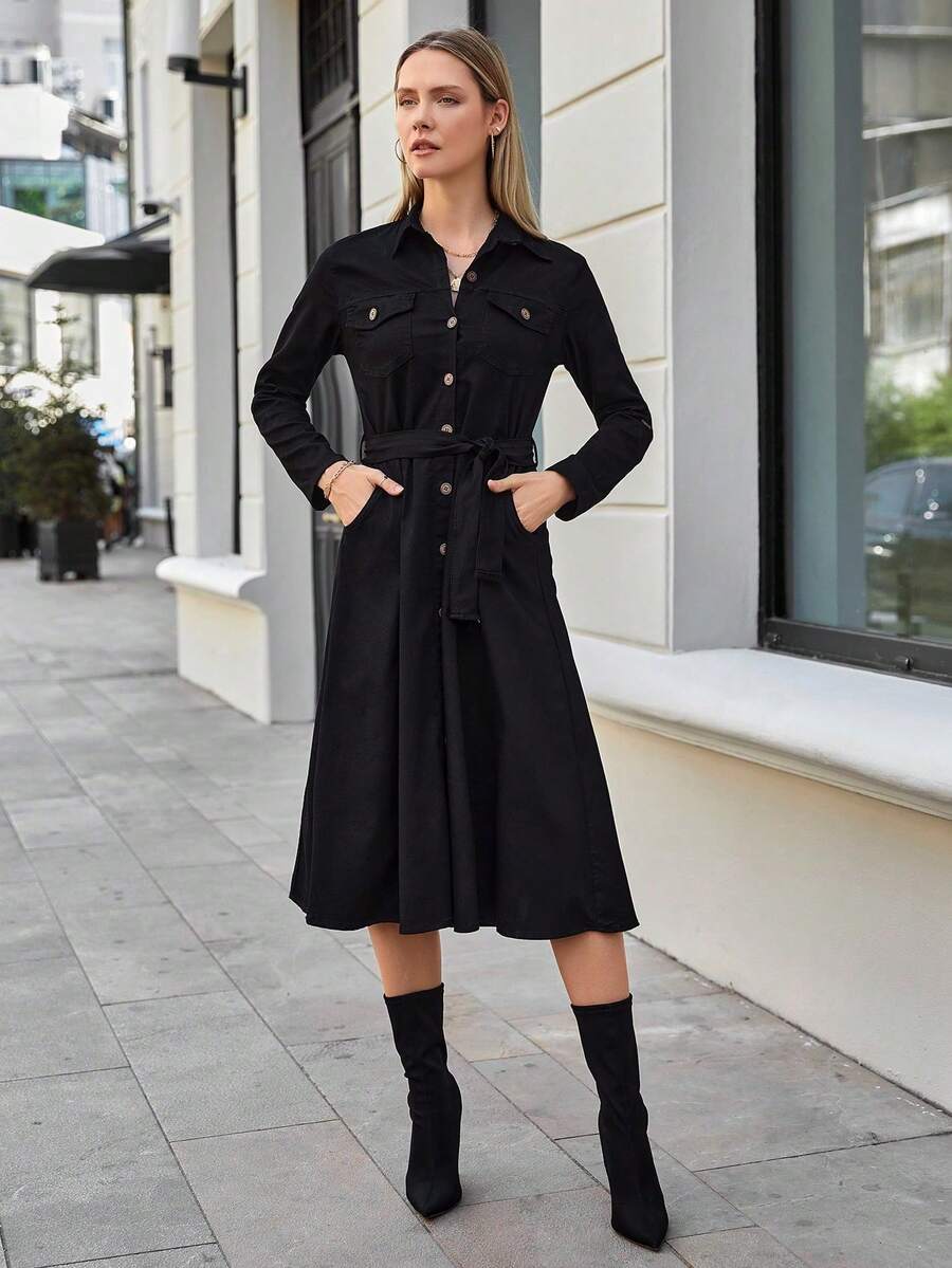 Women's Solid Color Long Sleeve Single-Breasted Pocket Casual Shirt Dress - Black - View 1