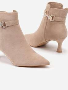 Botas de salto alto com fivela de strass - Caqui - Ver 6