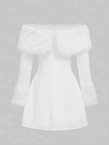 优雅法式浪漫约会之夜正式晚宴生日温暖舒适假日圣诞节露肩收腰弹力蓬松内衬长袖迷你连衣裙，白色