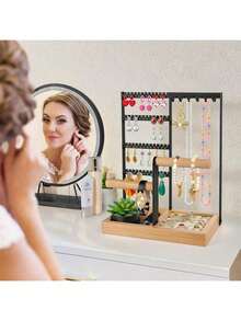 1pc Elegant Jewelry Organizer, 4-Tier Earring Holder With 48 Holes, 6 Hooks Necklace Storage, Stylish Wood Box For Bracelets & Rings, Perfect Gift For Mother's Day, Preppy Room Dr, Ideal For Valentine's Day, Thanksgiving, And Christmas Celebrations, Enhance Your Space With Functional And Chic Accessories, Must-Have For Fashion Lovers And Jewelry Enthusiasts, Organize Your Treasures In Style, Perfect For Gifting And Personal Use, Elevate Your Home Dr With This Versatile Jewelry Storage Solution.,Room Décor - Multicolor - View 6