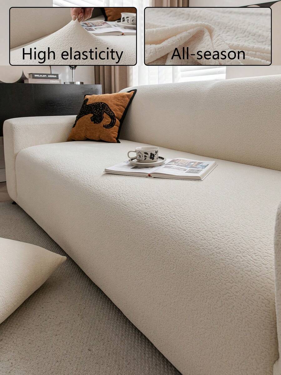 1pc Plush Fabric Jacquard Sofa Cover, Solid Color Sofa Protector, Pet Friendly Anti-Slip Anti-Dirt Anti-Scratch, Suitable For All Seasons, Stretchy Machine Washable, Fits 1/2/3/4 Seater Sofa, Waterproof - Beige - View 1