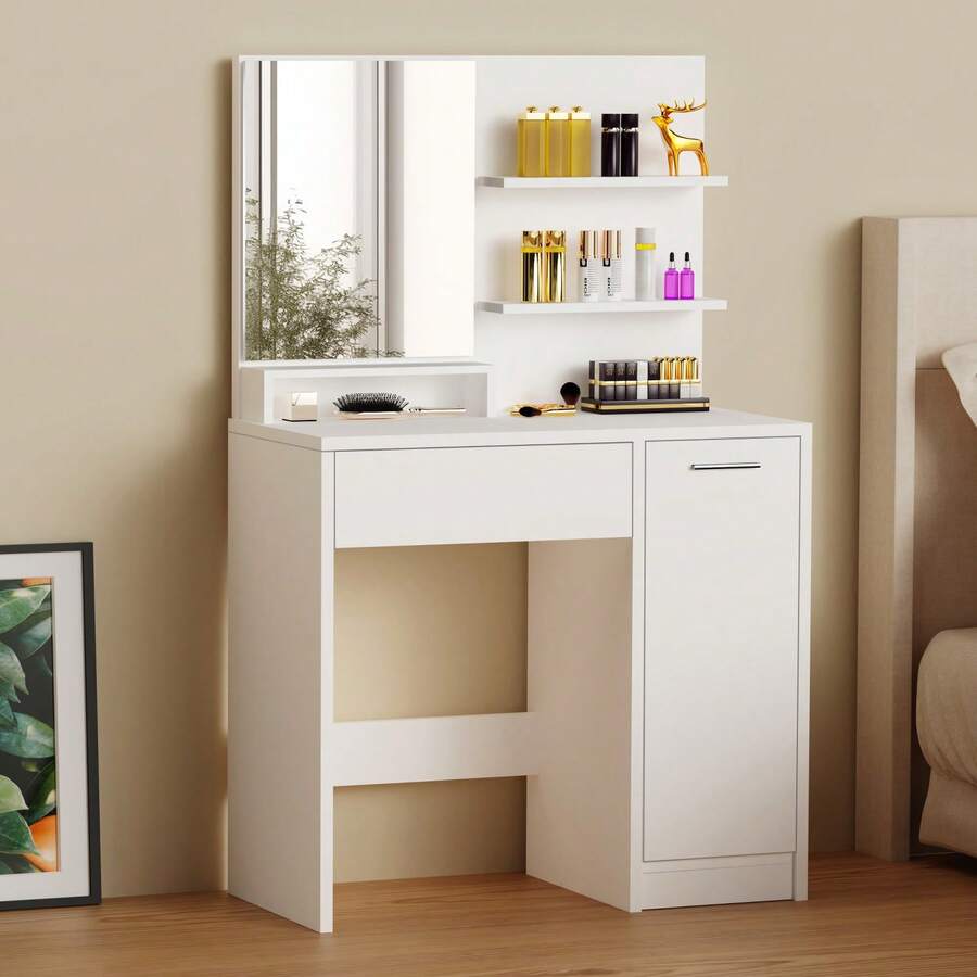 OYAJIA Dressing Table, Vanity Table With Mirror, 1 Drawer, 3 Shelves, Storage Cabinet, Makeup Organiser, White - White - View 1