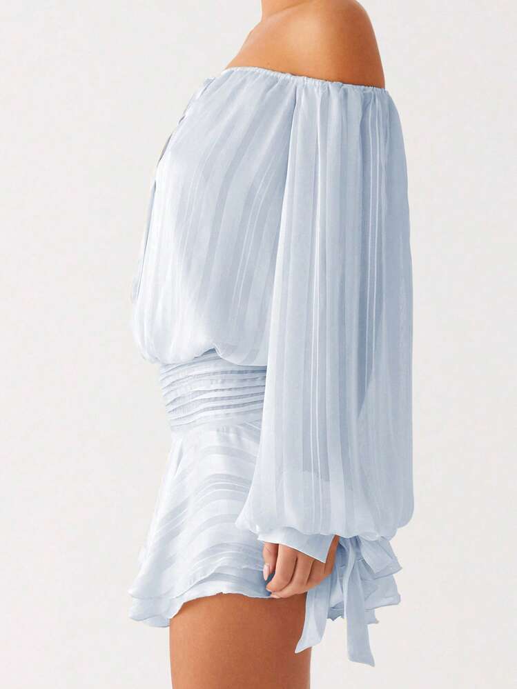 Vestido mini de tubo para mujer, moderno, sin espalda, sin tirantes, de manga larga, fruncido y con volantes - Azul - Añade 2