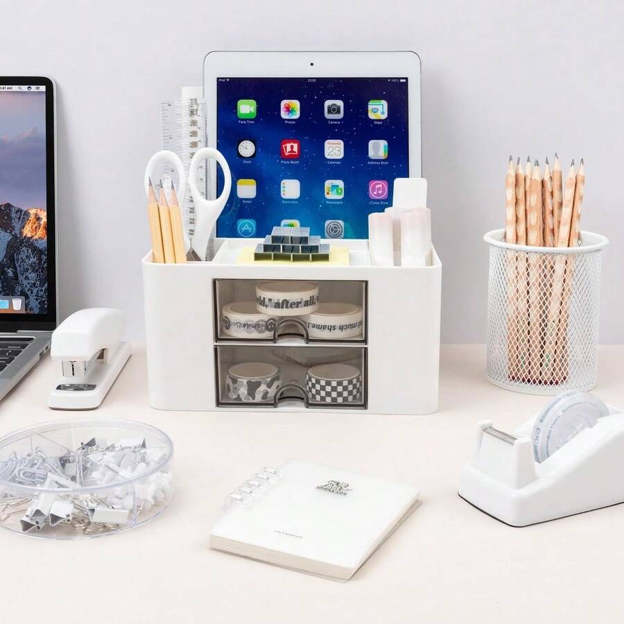 Desk Organizer With 2 Drawer, Plastic Desktop Pen Pencil Card Holder Storage Box For Files, Stationeries, Makeups, Lipsticks, Brushes, Lotions, Eye Shadows, Nail Polishes And Jewelries, For Desk, Bathroom, Vanity, For Valentine's Day Christmas Exquisite Small Gifts - 白色 - 查看 1