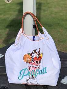 1 件时尚百搭刺绣手提包，冰淇淋图案，轻便通勤尼龙可折叠购物袋 - 彩色 - 查看 5