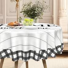 1 pièce Nappe de style vintage Maison douce maison, grain de bois noir et blanc à carreaux, style campagnard, en tissu de polyester, avec bordure en dentelle, rectangulaire et ronde, de tailles variées, convient pour l'intérieur et l'extérieur, décoration de cuisine et de salle à manger de style campagnard, cadeau de fête, nappe de ménage lavable en machine et durable