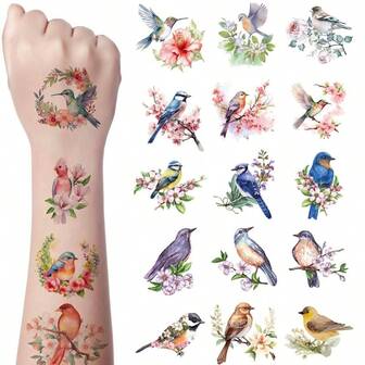 3D Hummingbird Temporary Tattoos Adult Watercolor Tiny Flower Fake Birds Temp Tattoos Women Kids Waterproof Colorful Rainforest Birthday Party Decorations Girls Boys