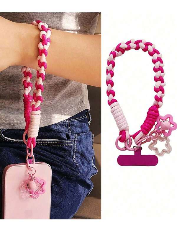 1 pieza Brazalete de nailon trenzado de moda - Accesorio de teléfono elegante con dijes de estrella y campana, diseño con clip para uso al aire libre, unisex, simple y conveniente - Ideal para senderismo, camping y viajes