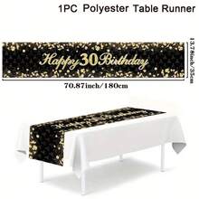 1pc 18 21 30 40 50 60 Years Old Happy Birthday Polyester Table Runner, 1pc Black & Gold Glitter Tablecloth, Birthday Party Decorations & 30 40 50 Anniversary Retirement Party Supplies, Suitable For Holiday Restaurant And Kitchen Decor, Also Can Be Used For Outdoor Theme Parties