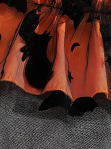 Vestido de Halloween para meninas, saia de malha estilo morcego, estampa gráfica, manga comprida com cinto, ideal para festas ao ar livre - Preto - Ver 9